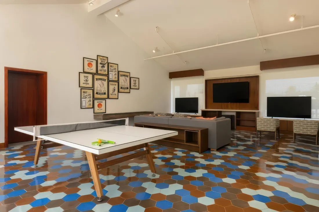 Sala de juegos con galería de láminas enmarcadas