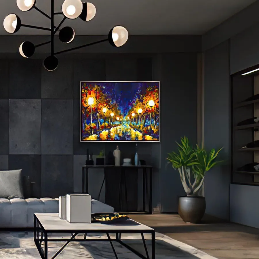 Noche en el parque estilo impresionista, reflejo en asfalto húmedo — reproducción giclée Art Giclée AG-018