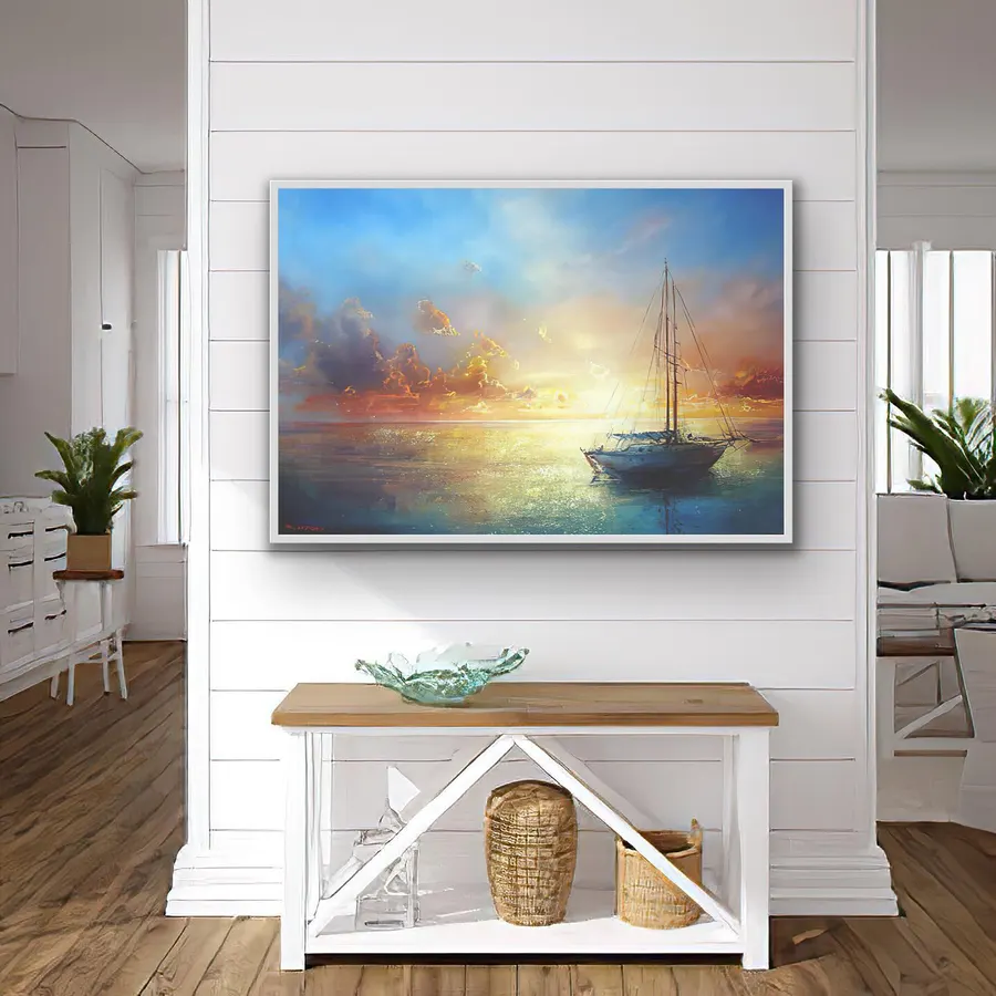 Hermoso atardecer sobre el mar con barco — reproducción giclée Art Giclée AG-023