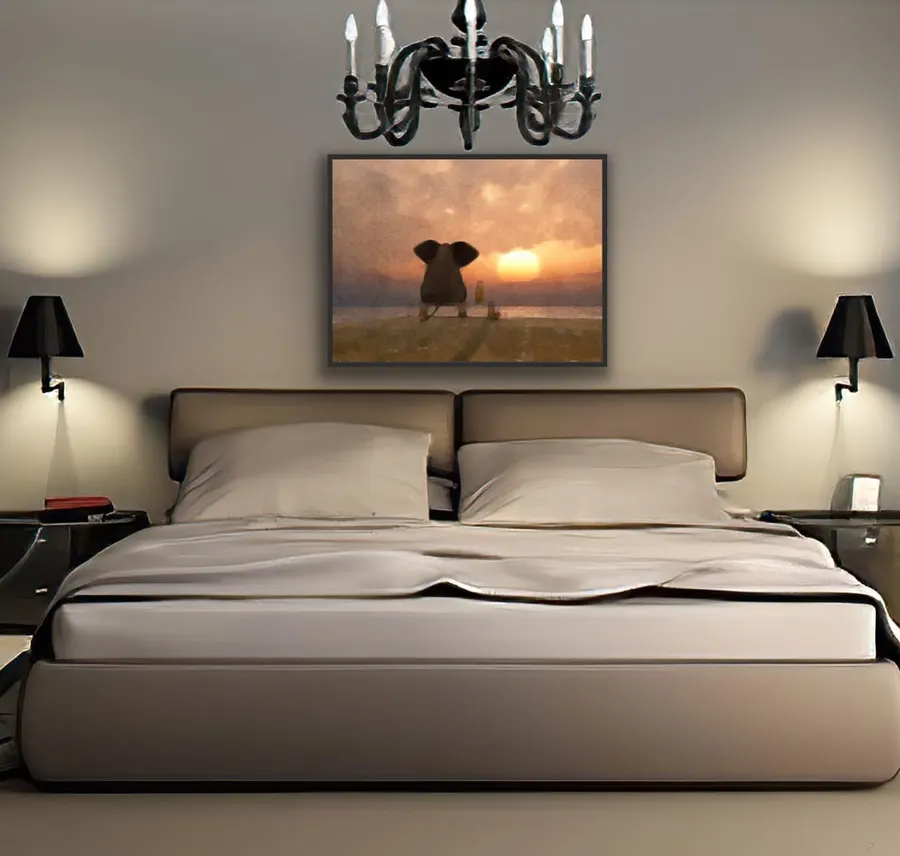 Elefante y perro reflexivos ante atardecer — reproducción giclée Art Giclée AG-026