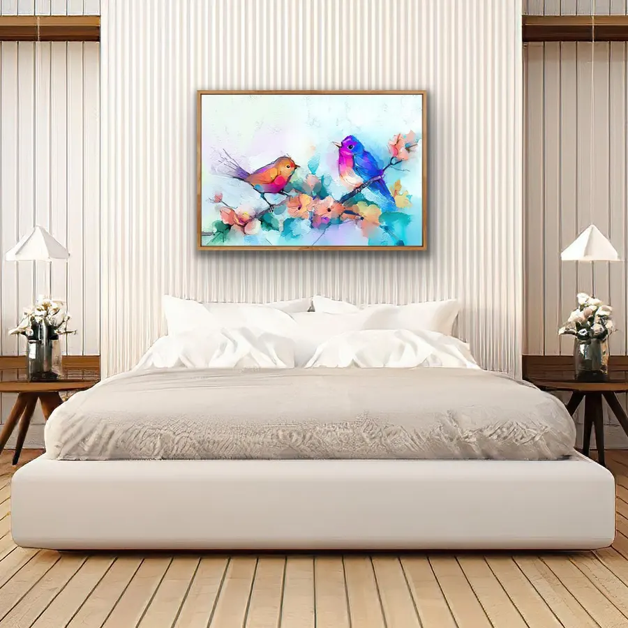 Hermosa pareja de aves sobre rama de flores — reproducción giclée Art Giclée AG-028